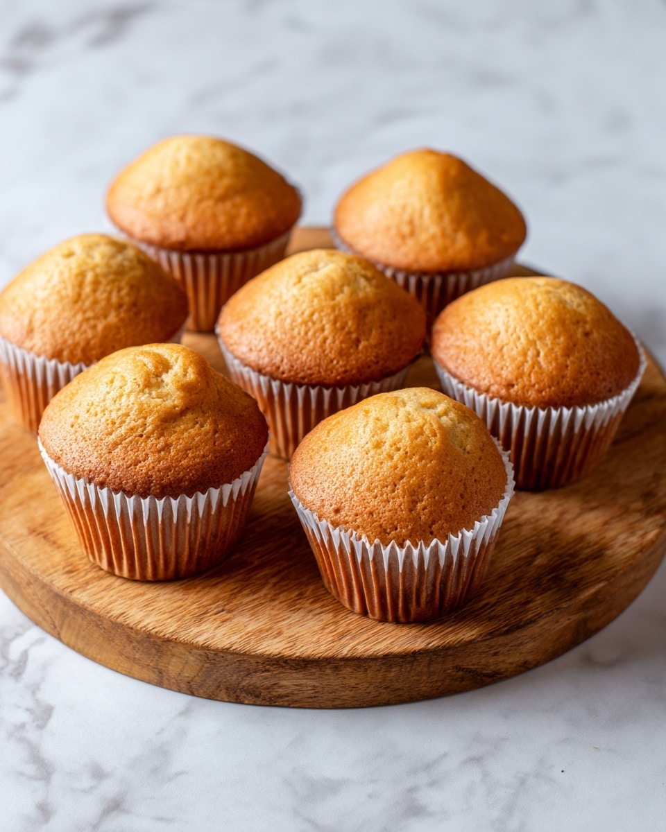 The image shows seven golden muffins placed evenly on a round wooden board. Each muffin has a slightly rough top with a light brown color and a soft texture. The muffins are wrapped in white paper liners. The background and surface beneath the board have a white marbled texture, creating a clean and bright setting. One muffin is positioned slightly forward, drawing attention to its rounded, bumpy top. photo taken with an iphone --ar 4:5 --v 7