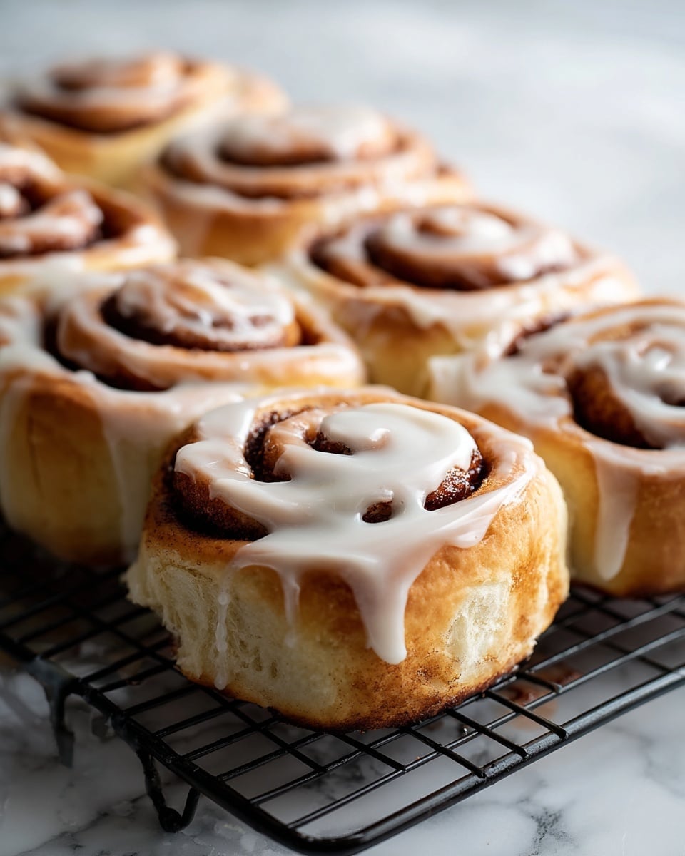 A clear glass tray holds eight cinnamon rolls tightly placed in two rows, each roll showing three to four thick layers of soft, golden brown dough wrapped around a dark brown, almost black cinnamon filling. The top of each roll is covered with a smooth, white cream cheese icing that slightly melts and drips down the sides, creating a glossy texture. The tray sits on a black wire cooling rack on a white marbled surface, with one roll in the front and center clearly detailed and the rest fading into the background. photo taken with an iphone --ar 4:5 --v 7