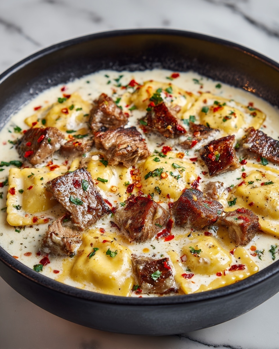 The dish shows a close-up of a black pan filled with creamy white sauce topped with several golden-yellow ravioli scattered around the edges and medium-sized pieces of browned meat chunks spread evenly in the center. The sauce has specks of red chili flakes and finely chopped green herbs sprinkled throughout, adding color contrast. The ravioli have a smooth, slightly shiny surface with a soft texture, while the meat pieces have a crispy, seared exterior. The dish looks rich and well-seasoned, with steam rising slightly, placed on a white marbled texture background. Photo taken with an iphone --ar 4:5 --v 7