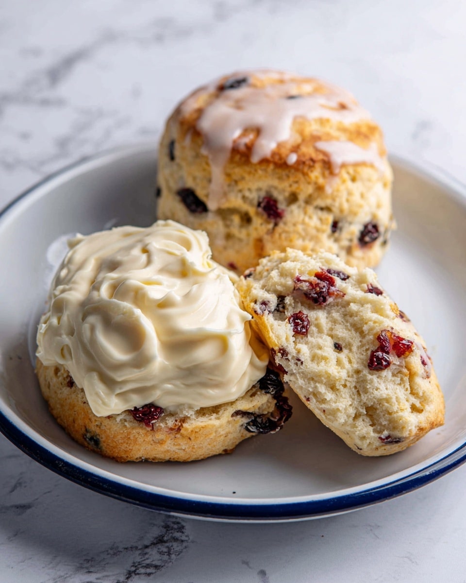 The image shows a white square dish with a dark blue rim on a white marbled surface. Inside the dish, there is a scone that is split in half, revealing a light, fluffy, and soft inside with small dark spots from berries. One half of the scone is topped with a generous swirl of pale cream-colored frosting. Behind the cut scone, a whole scone with a light golden-brown top is drizzled with a creamy icing. The scones have a slightly rough texture on top, with visible pieces of berries. Photo taken with an iphone --ar 4:5 --v 7