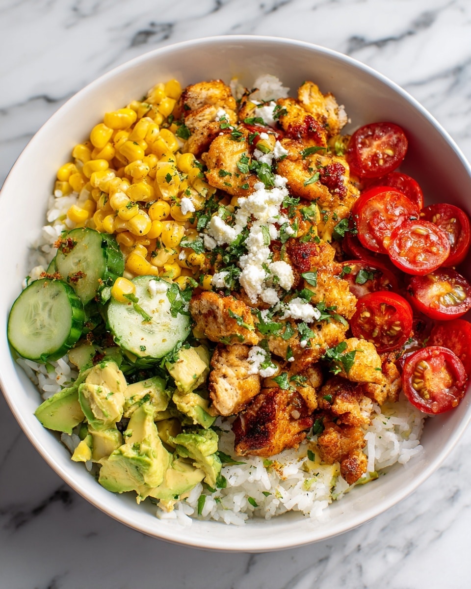 A white bowl sits on a white marbled surface, filled with a layered dish. At the bottom, white rice forms the first layer. On top, there are bright yellow corn kernels mixed with crispy, golden brown pieces of cooked chicken. Red cherry tomato halves are scattered around the bowl, adding a splash of red. Fresh green avocado chunks and thin round cucumber slices are spread over the chicken and corn. The dish is garnished with small pieces of white cheese and chopped green herbs, giving it a fresh and colorful look. photo taken with an iphone --ar 4:5 --v 7