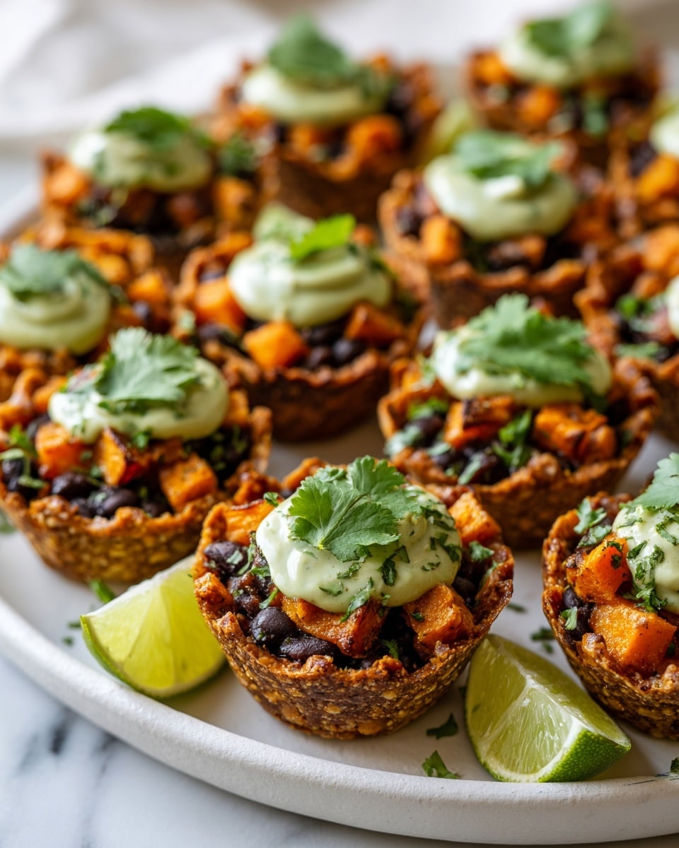 The image shows a white plate filled with about 18 small bite-sized cups made from crispy tortilla shells. Each cup has three visible layers: the bottom layer is dark black beans, the middle layer includes small orange chunks of cooked sweet potato, and the top layer is a pale green creamy sauce. Each cup is garnished with fresh green cilantro leaves. Around the edge of the plate, there are several lime wedges varying in size, resting on a white marbled surface. photo taken with an iphone --ar 4:5 --v 7