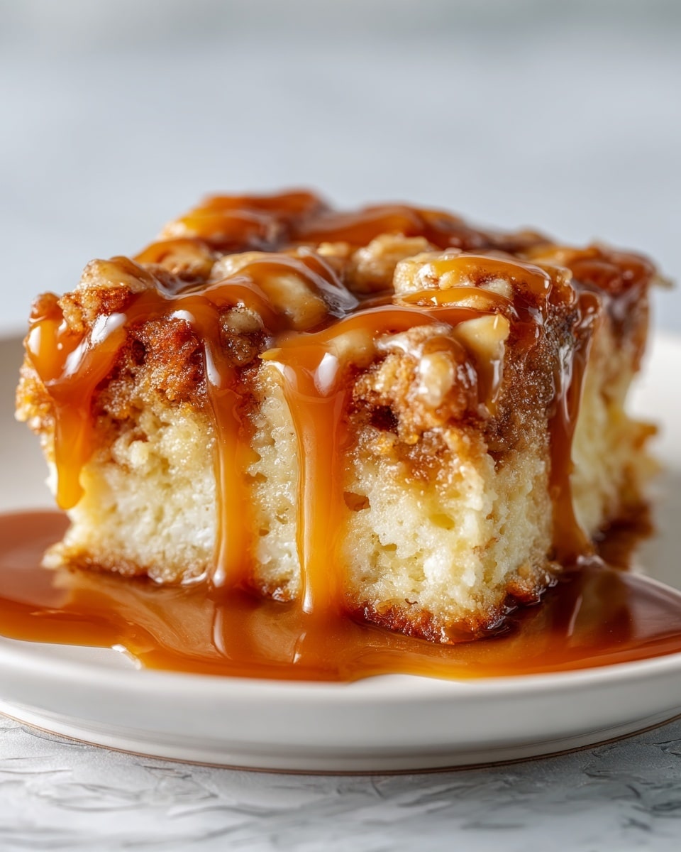 A square piece of dessert sits on a white plate with a white marbled texture background. The base layer is light beige and looks soft and moist, likely a cake or bread pudding. On top, there are chunky, light brown bits that seem slightly crunchy or chewy, mixed into the base. Covering the dessert is a thick, shiny caramel sauce in a rich golden brown color that drips down the sides, creating a glossy and appetizing look. The scene has a close-up view, showing texture and detail clearly. Photo taken with an iphone --ar 4:5 --v 7