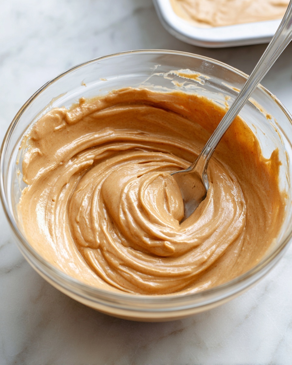 A close-up of a thick, smooth, light brown batter swirled gently inside a clear glass bowl with a silver spoon resting inside the batter near the bottom edge of the bowl. In the background, slightly out of focus, there is a white baking pan with a pale, uneven textured layer spread inside, all set on a white marbled surface. Photo taken with an iphone --ar 4:5 --v 7