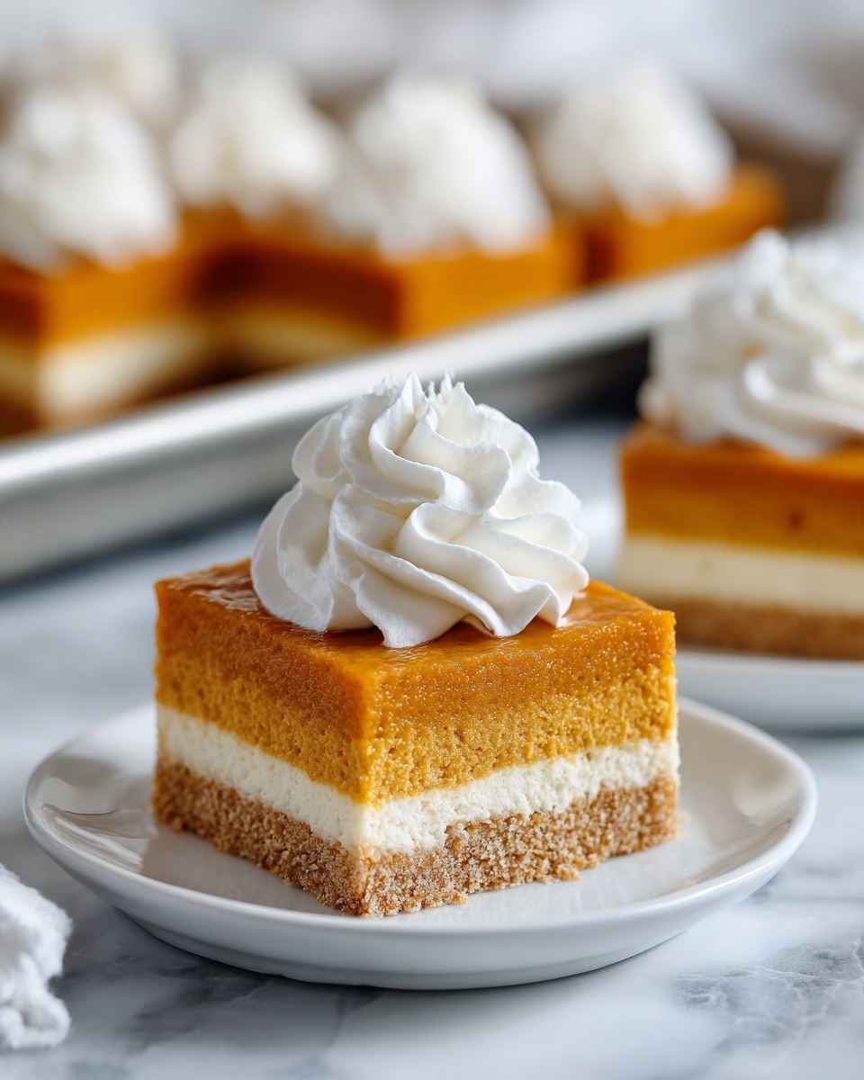A close-up image of a square slice of pumpkin dessert with two visible layers on a white plate; the bottom layer is a light brown crumbly crust, and the top layer is a smooth orange pumpkin filling. On top of the pumpkin layer is a swirl of white whipped cream, soft and fluffy in texture. The background shows a blurred baking tray with more pumpkin dessert pieces, all set on a white marbled surface. photo taken with an iphone --ar 4:5 --v 7