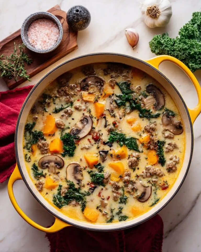 Autumn Butternut Squash and Sweet Potato Soup with Spicy Italian Sausage and Wild Rice Recipe