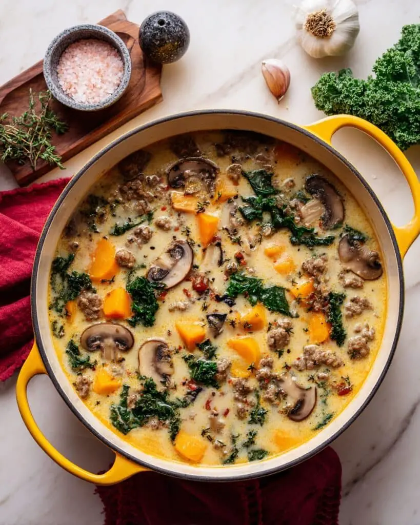Autumn Butternut Squash and Sweet Potato Soup with Spicy Italian Sausage and Wild Rice Recipe