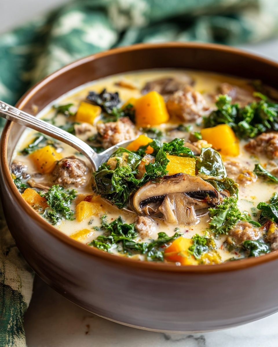 A close-up view of a brown bowl filled with a creamy soup that has chunky layers, including light brown sausage pieces, bright orange squash cubes, dark green leafy kale, and slices of beige mushrooms. A large silver spoon is scooping some soup, showing the mix of ingredients and broth. The bowl sits on a white marbled surface with an out-of-focus background that includes a green cloth. Photo taken with an iphone --ar 4:5 --v 7