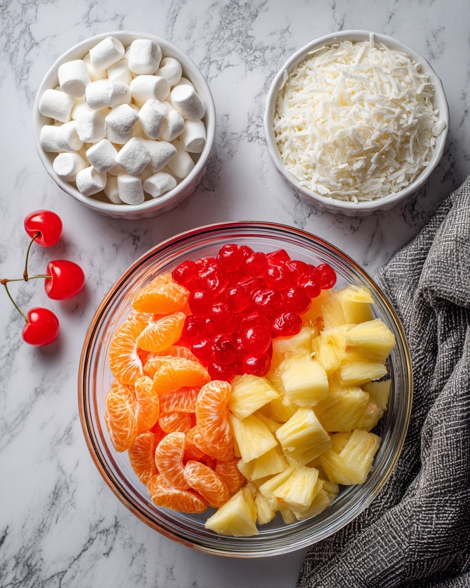 A clear glass bowl sits in the center filled with four sections of colorful fruit: bright orange mandarin slices on the left, pale yellow pineapple chunks on the right, small red maraschino cherries piled in the middle, and light orange papaya pieces at the bottom left. Above the bowl, there are two small white bowls, one filled with white mini marshmallows and the other piled with shredded coconut. A pair of two bright red cherries connected by stems rests on the white marbled surface near the top. A textured gray cloth is partially visible on the right side of the image. Photo taken with an iphone --ar 4:5 --v 7