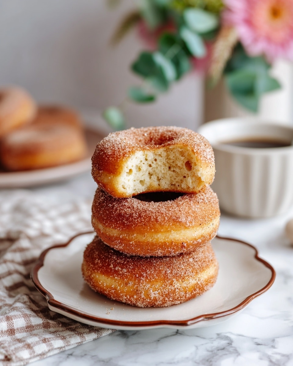 Three cinnamon sugar doughnuts are stacked on a white plate with a brown scalloped edge. The top doughnut has a bite taken out, showing a light, soft inside with small air holes. The doughnuts are coated evenly with cinnamon sugar crystals. The plate is placed on a checkered cloth over a white marbled surface. In the blurred background, there is a white cup with coffee and a pink flower vase with greenery. Photo taken with an iphone --ar 4:5 --v 7