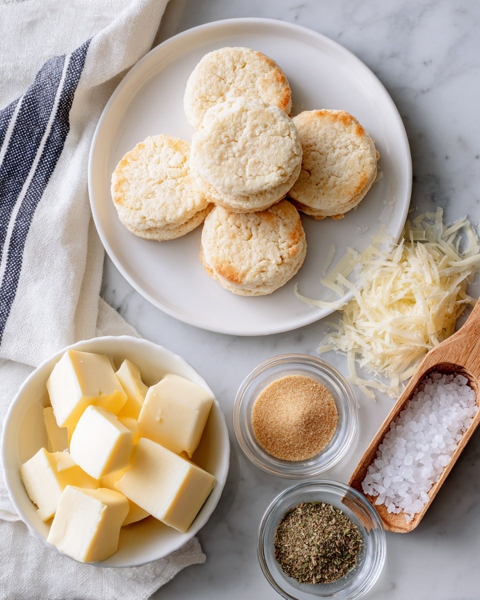 A white plate full of round, pale biscuits stacked in the center, to the right is a clear glass dish with a small block of pale yellow Parmesan cheese and a pile of grated Parmesan beside it. Above the plate is a small wooden scoop holding white salt crystals. Below the plate is a white bowl holding large cubes of pale yellow butter. Next to the butter bowl are two small clear glass bowls, one filled with light brown garlic powder and the other filled with a mix of green Italian seasoning herbs. On the left side of the image is a folded white cloth with dark blue stripes. All items sit on a white marbled surface photo taken with an iphone --ar 4:5 --v 7