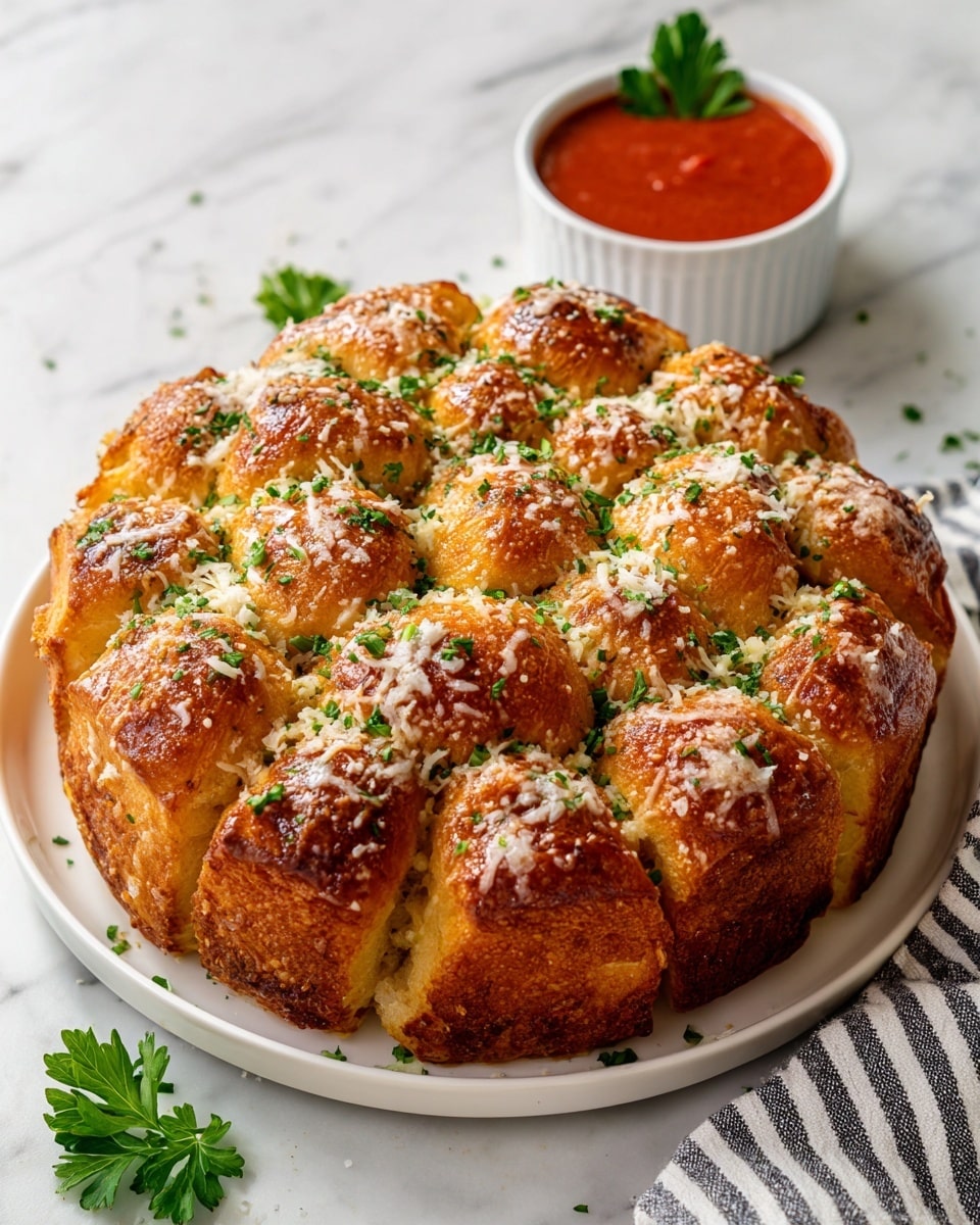 A round pull-apart bread arranged in two layers of golden brown dough pieces with a slightly crispy texture, each piece topped with sprinkled grated cheese and small bits of green herbs. The bread sits on a white plate on a white marbled surface, with a small white bowl of smooth, red sauce garnished with a parsley leaf near the top right of the frame. Part of a striped cloth napkin is visible to the right side, adding a cozy touch. photo taken with an iphone --ar 4:5 --v 7