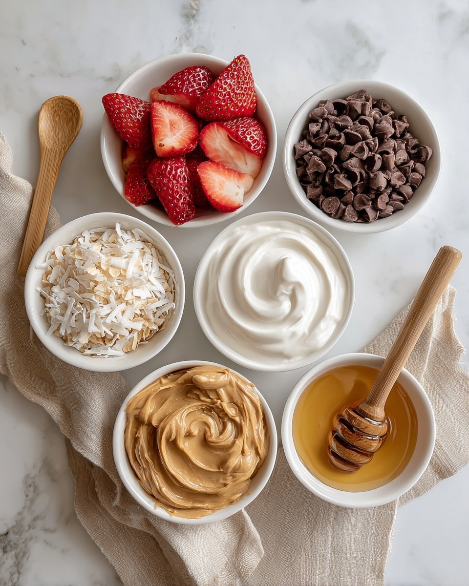 The image shows six small white bowls arranged on a white marbled surface. The top left bowl holds sliced red strawberries with shiny seeds, the top right bowl is filled with dark brown mini chocolate chips, the middle left bowl contains shredded white coconut, the middle right bowl has smooth, white Greek yogurt with gentle swirls on top, the bottom left bowl holds light brown peanut butter with a creamy texture, and the bottom right bowl contains golden yellow honey with a glossy surface. A light wooden spoon and a natural-colored cloth napkin are placed beside the bowls. Photo taken with an iphone --ar 4:5 --v 7