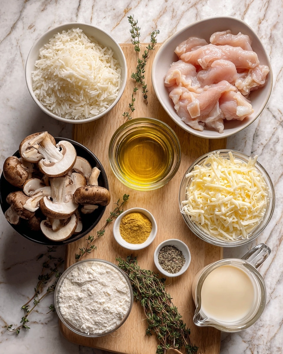 A wooden surface holds various cooking ingredients: a white bowl filled with cooked white rice on the top left, a white bowl with raw pink chicken tenders on the top right, and a black container full of brown mushrooms on the bottom left. In the center sits a small clear glass cup with light yellow oil. To the right of the oil are fresh thyme sprigs, and nearby is a small white bowl containing three sections of white salt, black pepper, and yellow garlic powder. Below are a glass jug filled with golden chicken stock, a glass jar of white heavy whipping cream, a small white bowl with white cornstarch, and a clear glass bowl crowded with shredded white Italian cheese mix. The background texture is white marbled instead of wood. photo taken with an iphone --ar 4:5 --v 7