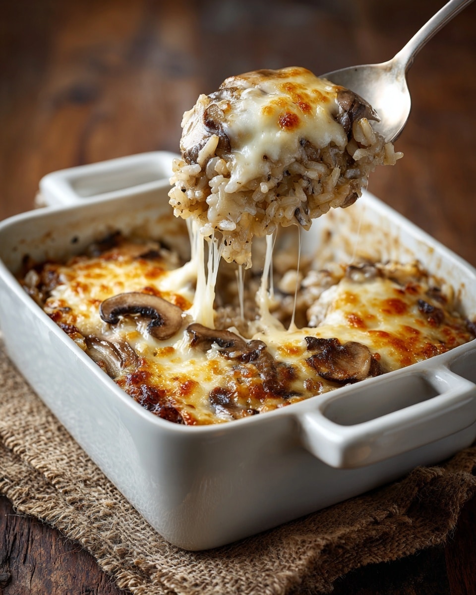 The dish is a baked casserole in a white square ceramic dish with handles on each side, sitting on a coarse fabric mat over a wooden surface. The casserole has two main layers: the bottom layer is a mix of rice and mushrooms with a slightly brown and creamy texture, and the top layer is melted cheese that is golden brown with some darker spots, showing a bubbly texture. A shiny metal spoon is lifting a portion from the casserole, revealing the gooey cheese stretching between the lifted portion and the remaining dish. photo taken with an iphone --ar 4:5 --v 7
