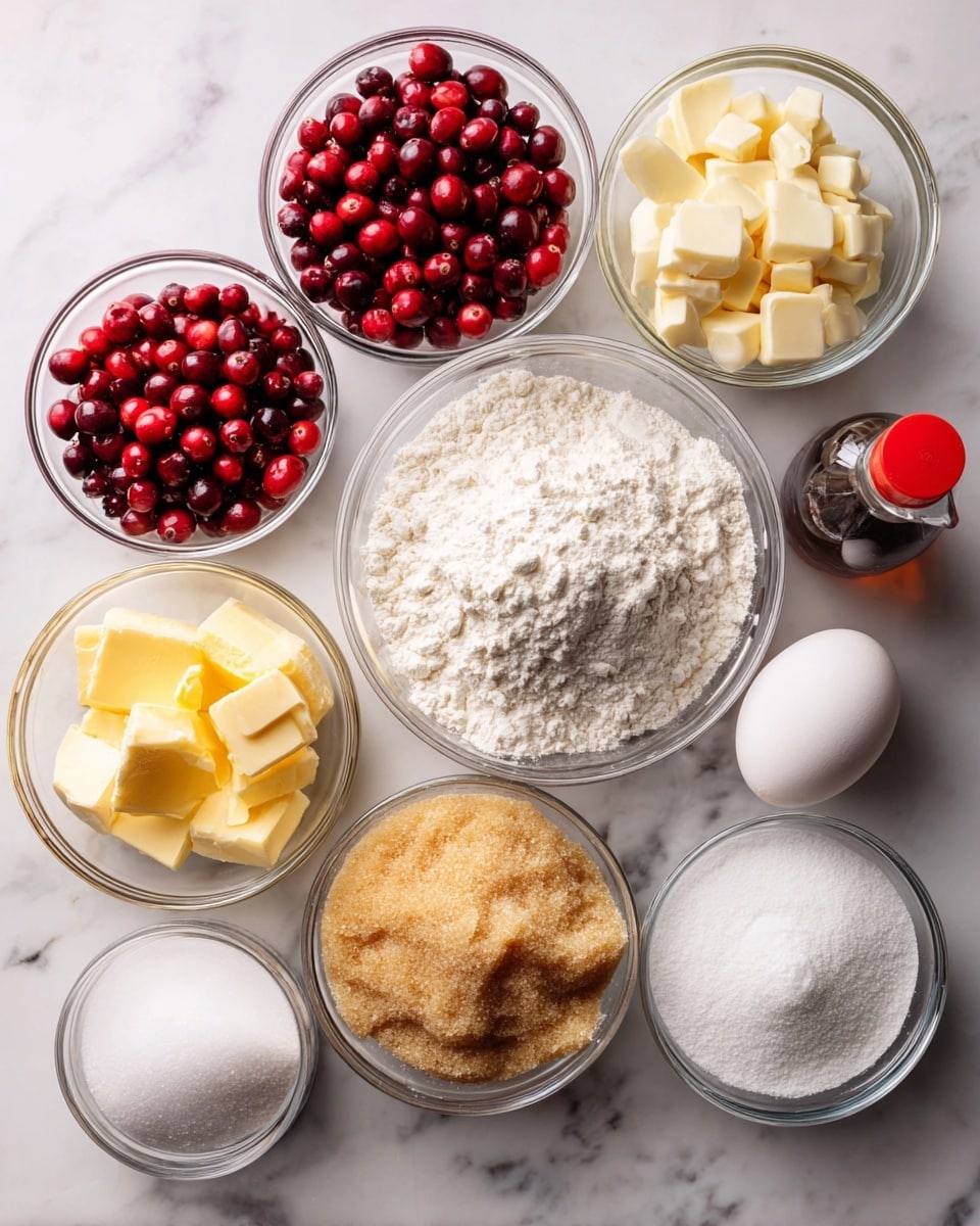The image shows nine different ingredients arranged on a white marbled surface, each labeled with text: bright red cranberries fill the top left corner; to the right, there are small chunks of creamy white chocolate in a clear bowl; below cranberries, a clear bowl is filled with white flour with a fine texture; near the center, there is a small clear bowl with white salt; at the bottom left, a clear bowl holds yellow butter cut into cubes; next to the butter is a bowl of golden brown sugar with a grainy texture; to the right is a clear bowl filled with white granulated sugar; below the sugars, a white egg contrasts with the smooth surface next to a bottle with a red cap labeled vanilla extract; all items are clean, evenly spaced, and placed on the bright, light background photo taken with an iphone --ar 4:5 --v 7