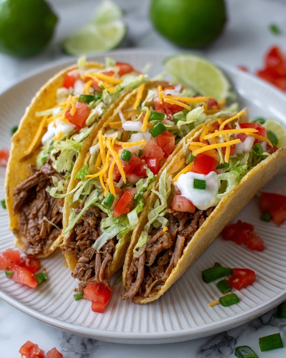 Three tacos are placed side by side on a white plate with a light striped edge pattern. Each taco has three visible layers: the bottom layer is a soft, light beige tortilla holding strips of cooked brown meat mixed with sautéed red, green, and orange bell peppers and onions. The middle layer is a fresh mix of shredded pale green lettuce and diced red tomatoes. The top layer includes a dollop of white sour cream sprinkled with shredded pale yellow cheese and small pieces of green chopped spring onion. The plate is set on a white marbled surface, with some scattered pieces of chopped tomato and spring onion around it and two lime halves in the top right corner. Photo taken with an iphone --ar 4:5 --v 7