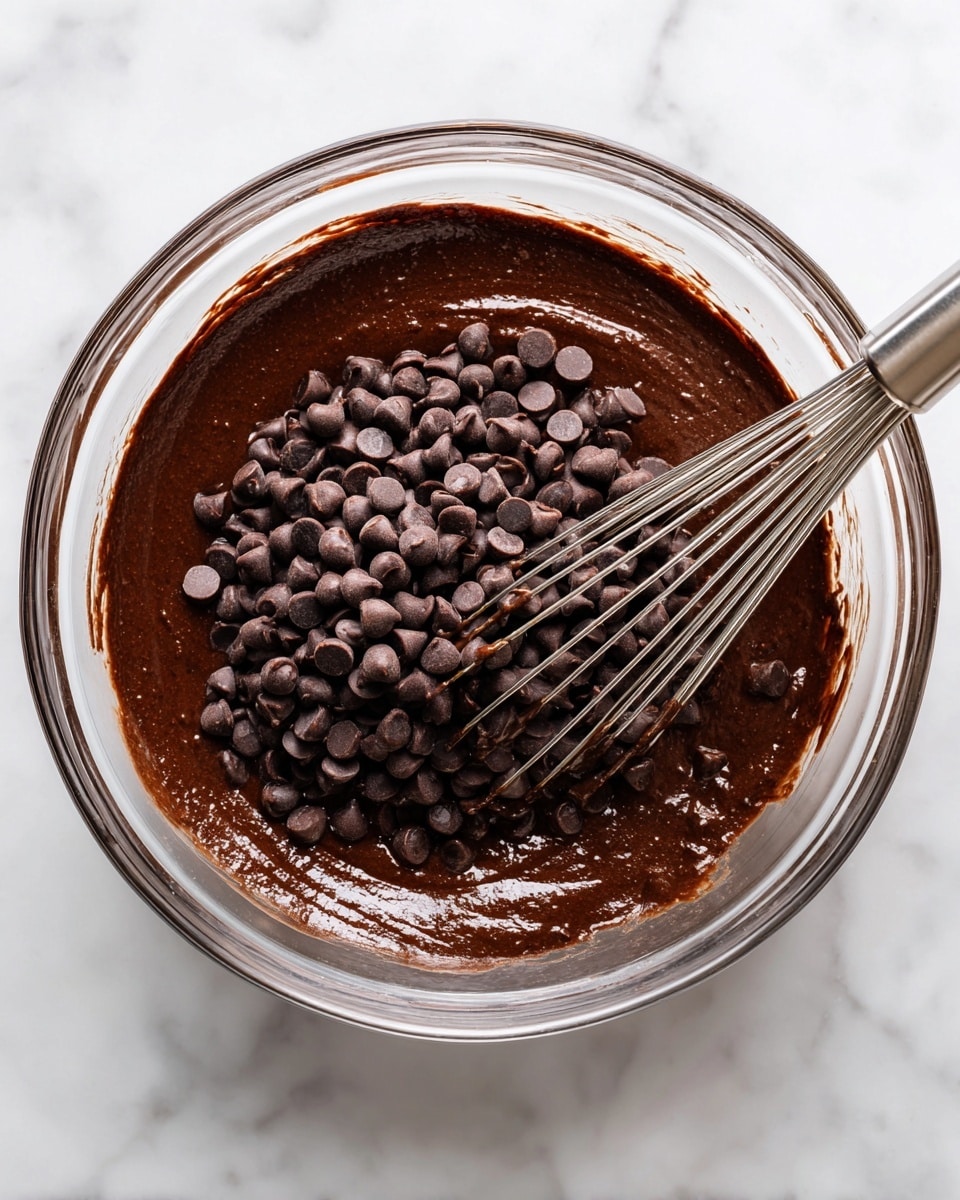 A clear glass bowl filled with a thick, dark brown chocolate batter that looks rich and smooth. On top of the batter is a generous layer of small, round chocolate chips that are dark brown and slightly glossy. A silver metal whisk is partially dipped into the mixture on the right side, with streaks of batter on some of its wires. The bowl sits on a white marbled surface, adding a clean and bright contrast to the dark chocolate mix. photo taken with an iphone --ar 4:5 --v 7