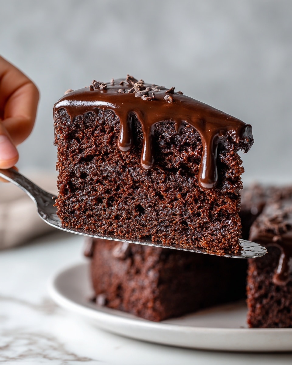 A close-up of a slice of dark chocolate cake being held by a woman's hand with a cake server. The cake has one thick layer of moist, dense, dark brown chocolate inside with small chunks or chips of chocolate scattered throughout. The top and edges are covered with a shiny, rich, smooth dark chocolate glaze that drips slightly down the sides. The background is a white marbled texture with another part of the whole cake visible below. photo taken with an iphone --ar 4:5 --v 7