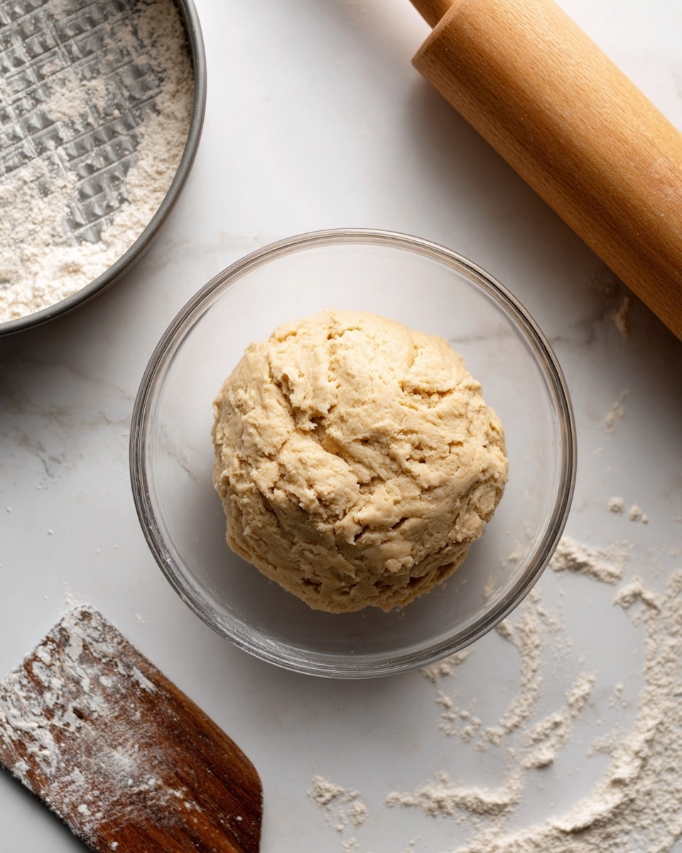 A clear glass bowl holds a ball of light brown dough that looks soft and slightly crumbly at the edges, placed on a white marbled surface. To the left, there is a metal baking pan with a textured edge, and below it, a wooden spatula with some white flour and dough residue on its dark brown blade. On the right side, a wooden rolling pin rests on the white marbled surface. The scene is bright and clean, focused on the dough, with soft shadows. photo taken with an iphone --ar 4:5 --v 7