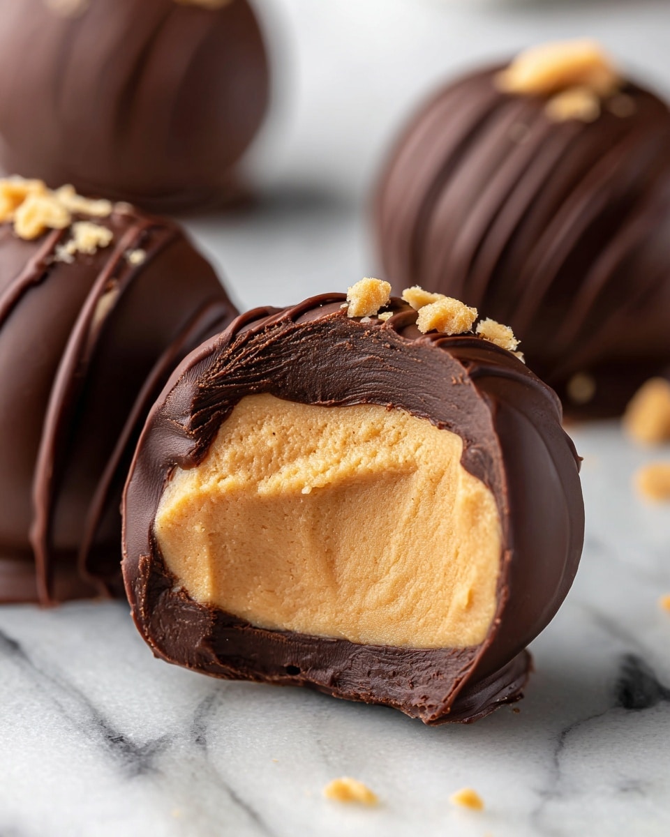 A close-up of a chocolate-covered peanut butter ball with two layers visible: the outer layer is a thick, smooth, and glossy dark chocolate shell with slight swirls and ridges, and the inner layer is a thick, creamy, slightly textured pale tan peanut butter filling. The candy is placed on a white marbled surface, with two more chocolate-covered balls blurred in the background. photo taken with an iphone --ar 4:5 --v 7