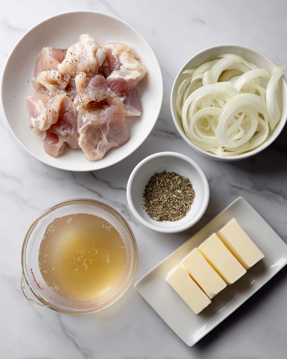 The image shows five separate white dishes on a white marbled surface. Top left is a white round plate with multiple raw chicken pieces, some skin-on, with light pink and cream colors, sprinkled with black pepper. Top right is a white bowl filled with thin, white onion rings that are translucent and layered loosely. Bottom left is a transparent measuring cup holding a honey-colored broth with some tiny particles floating inside. Bottom center shows a small white bowl with a mix of dried green and light brown herbs, with a rough texture. Bottom right is a rectangular white plate with three small sticks of pale yellow butter neatly placed in a row. Photo taken with an iphone --ar 4:5 --v 7