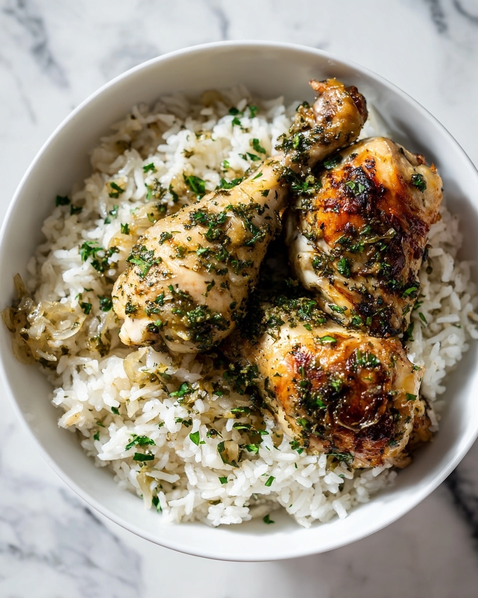 A white bowl filled with a base layer of fluffy white rice, topped with two golden-brown chicken drumsticks that have a slightly crispy skin. Over the chicken and rice, there is a layer of soft cooked onions mixed with herbs that add a light green touch. The dish is garnished with small green herb pieces scattered on top, creating a simple yet comforting look. The bowl is placed on a white marbled surface. photo taken with an iphone --ar 4:5 --v 7