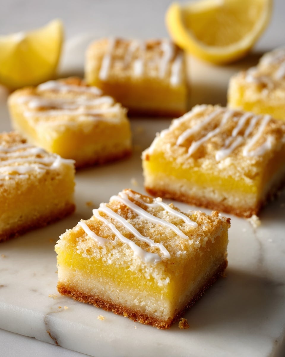 Several lemon bars are arranged on a white marbled surface, each piece rectangular with two layers: a pale golden crust at the bottom, topped by a soft, crumbly yellow lemon filling with a slightly grainy texture. Some bars are plain while others have thin white drizzled icing on the top layer. A lemon wedge is partially visible in the background, adding a bright yellow contrast. The bars look moist but firm, neatly cut into even shapes. photo taken with an iphone --ar 4:5 --v 7