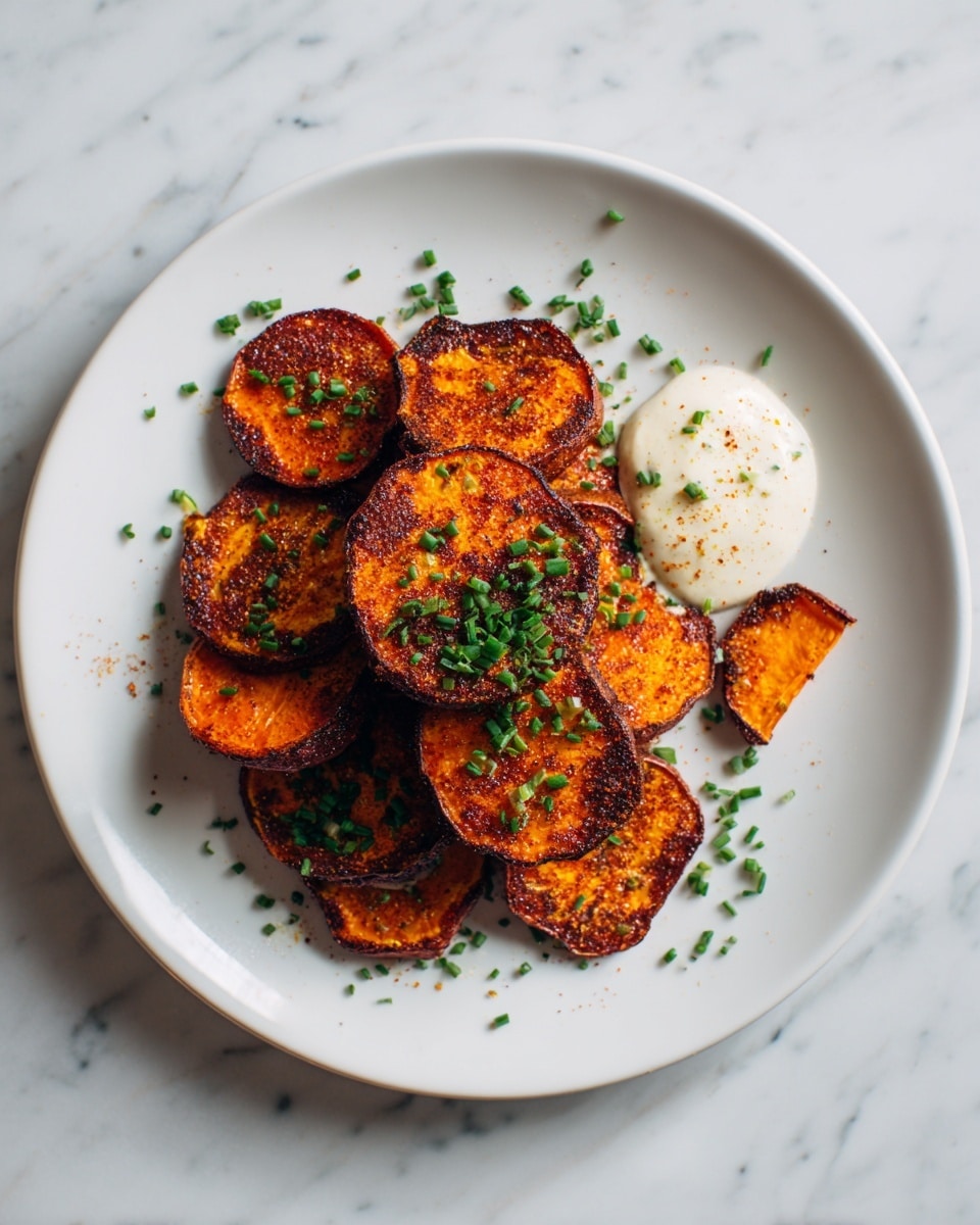 A white plate sits on a white marbled surface, filled with several roasted orange sweet potato slices arranged in a loose pile. The potatoes have a dark seasoning crust on their surfaces, adding texture and color contrast. On one side of the pile, there is a small dollop of light beige cream sauce topped with scattered green chives. More green chives are sprinkled lightly over the entire dish and plate edges, adding small bright green spots. A small piece of sweet potato rests outside the plate on the marbled surface. The photo taken with an iphone --ar 4:5 --v 7