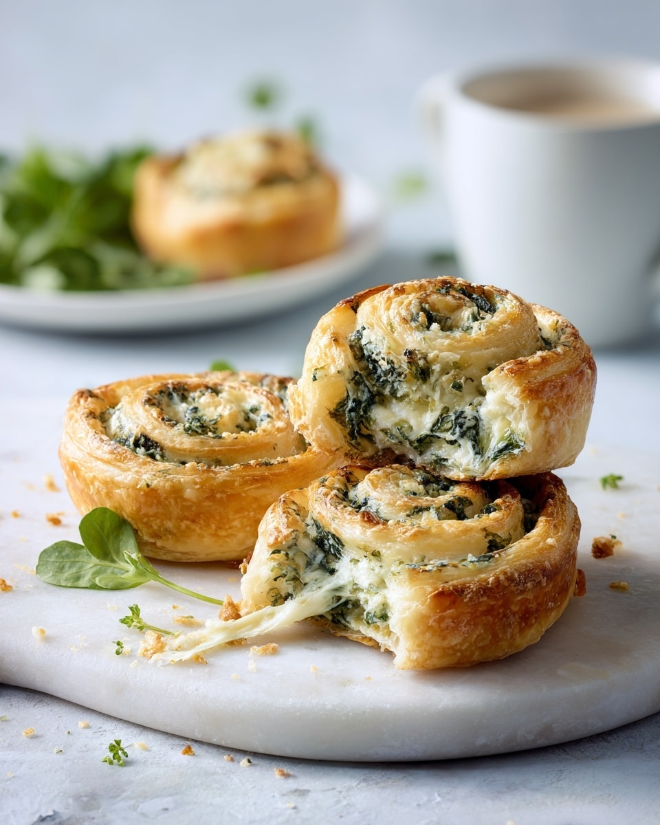 A close-up of three savory spiral pastries on a white marbled surface, each with two visible layers: a golden, flaky crust on the outside and a creamy, green spinach and cheese filling swirled inside, showing texture from leafy greens and melted cheese. The front pastry is broken open, revealing the soft filling inside with strands of cheese and bits of spinach. In the background, a fourth pastry sits slightly blurred on a white plate, accompanied by some fresh green herbs and a white cup, all set against a soft, light atmosphere. Photo taken with an iphone --ar 4:5 --v 7