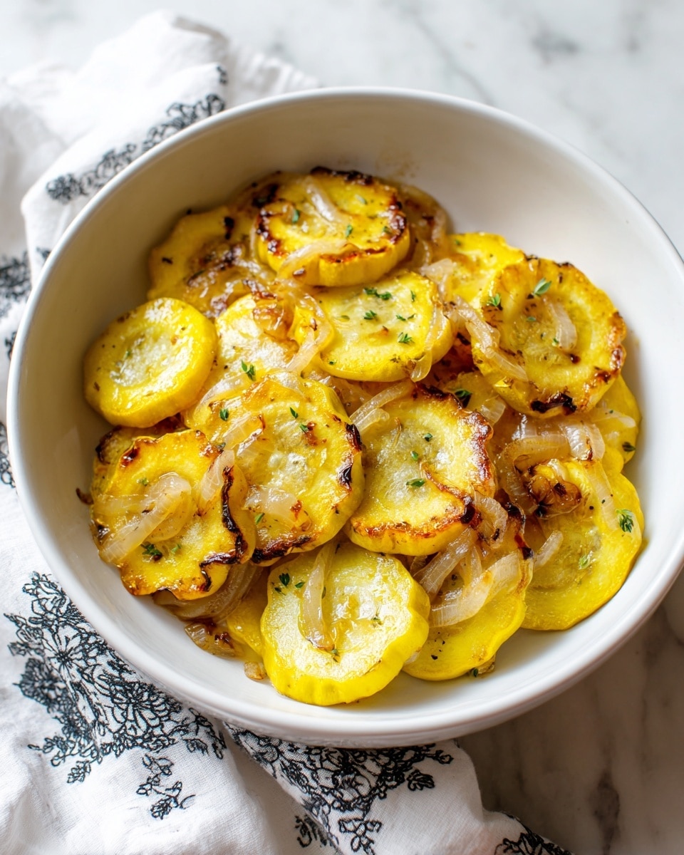 A white bowl filled with slices of cooked yellow squash, each slice showing caramelized brown edges and soft textures, layered with caramelized translucent onion pieces and garnished with small green herb bits. The squash slices are arranged irregularly, overlapping each other, with some slices slightly charred. The bowl is placed on a white marbled surface, and a white cloth with dark floral prints is visible in the background photo taken with an iphone --ar 4:5 --v 7