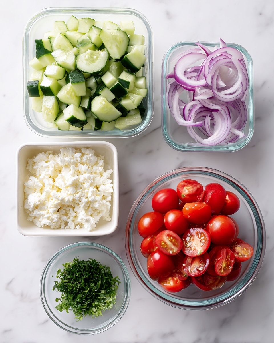 The image shows five containers placed on a white marbled surface, each holding a different fresh ingredient. At the top center, there is a clear bowl full of chopped cucumber pieces, light green inside with dark green skin. Below it, a clear bowl contains bright red cherry tomatoes, some cut in half showing their juicy insides. To the top right, a smaller clear bowl holds thin rings of purple-red onions with white centers. To the left, there is a white rectangular container filled with crumbled white cheese. At the bottom center, a very small clear bowl contains finely chopped green herbs. The setup is clean and bright, highlighting the fresh ingredients ready for a salad or dish. photo taken with an iphone --ar 4:5 --v 7