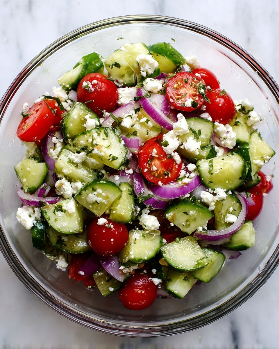 A clear glass bowl filled with a fresh salad shows multiple layers: the base is made of bright green cucumber chunks mixed with halved red cherry tomatoes, thin rings of purple-red onion are scattered on top and throughout, and small white crumbly pieces of cheese are spread evenly inside. The salad has tiny green herb flecks adding texture and color contrast against the clear bowl and the white marbled surface below. The image is bright and clean, focusing on the vibrant colors and fresh ingredients photo taken with an iphone --ar 4:5 --v 7