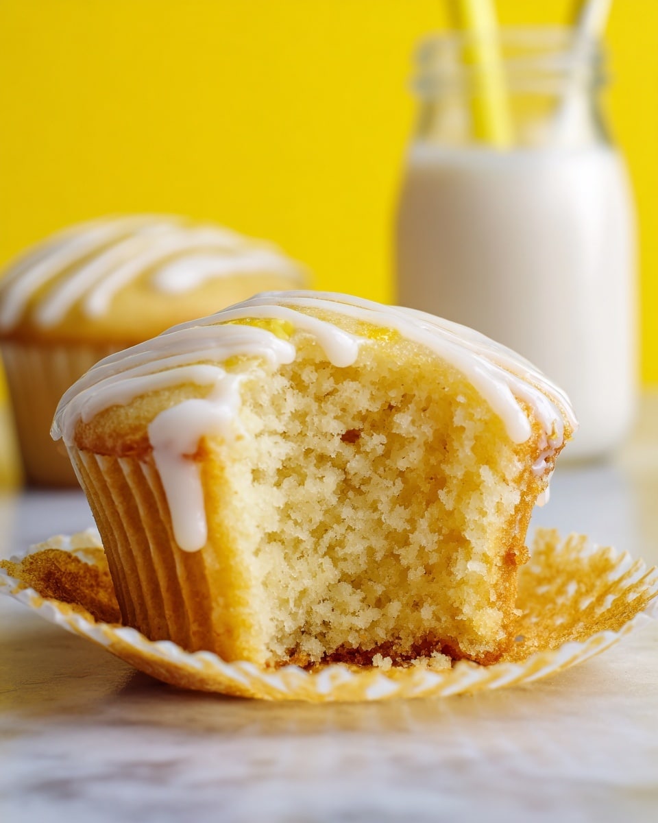 The image shows a close-up of a soft yellow cupcake with a moist texture and a bite taken out of it, revealing its airy crumb inside. The cupcake has a white icing drizzle on top, creating thin, uneven stripes across the surface. It rests on the peeled-back white paper liner, which is crinkled and textured. In the blurred background, there is a white bottle with a yellow straw and a bright yellow backdrop, all set on a white marbled surface. Photo taken with an iphone --ar 4:5 --v 7