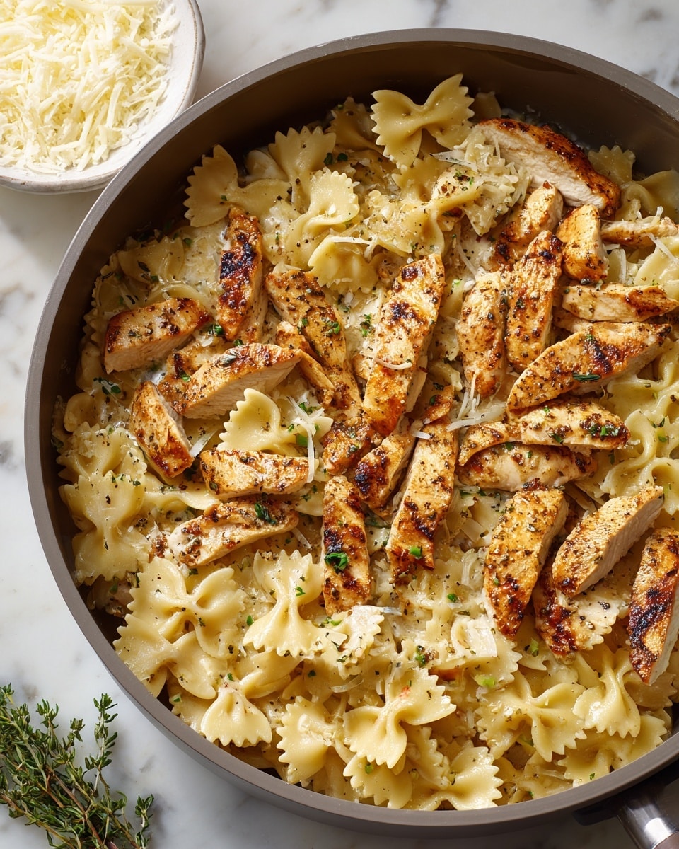 A close-up view of a large gray cooking pot filled with bow-tie pasta and grilled chicken strips mixed together. The pasta is pale yellow and creamy, with a slight shine, and sprinkled with small green herb pieces. The chicken strips are golden brown with a textured surface, visible spices, and are spread evenly throughout the pasta. The pot rests on a white marbled surface with a small white bowl of grated cheese and fresh thyme sprigs in the background. Photo taken with an iphone --ar 4:5 --v 7