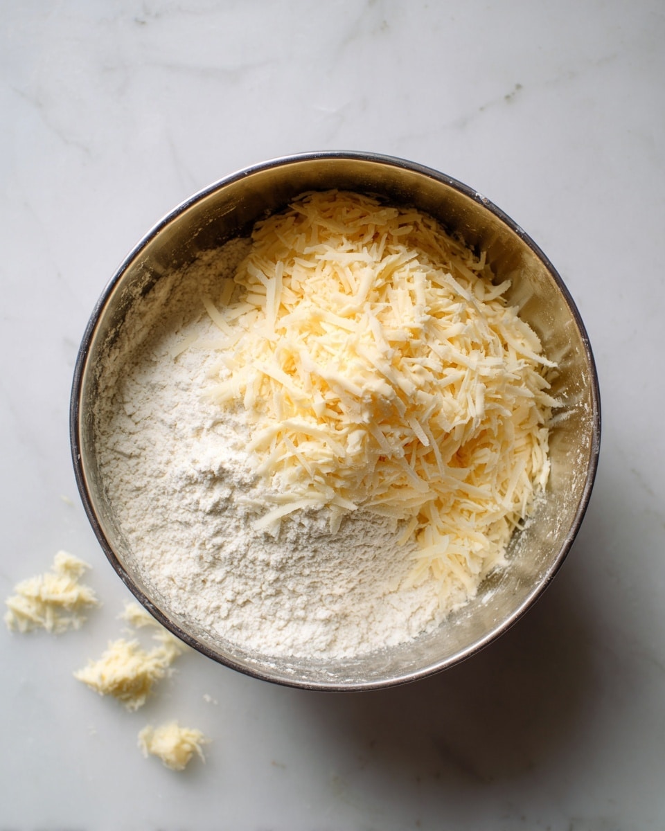 A metal bowl sits on a white marbled surface, filled halfway with two layers of ingredients. The bottom layer is white flour with a fine, powdery texture, covering about half the bowl. On top and to one side, there is a layer of pale yellow shredded butter, soft and fluffy in texture, scattered unevenly over the flour. A few small clumps of the butter are visible around the bowl on the white marbled surface. photo taken with an iphone --ar 4:5 --v 7