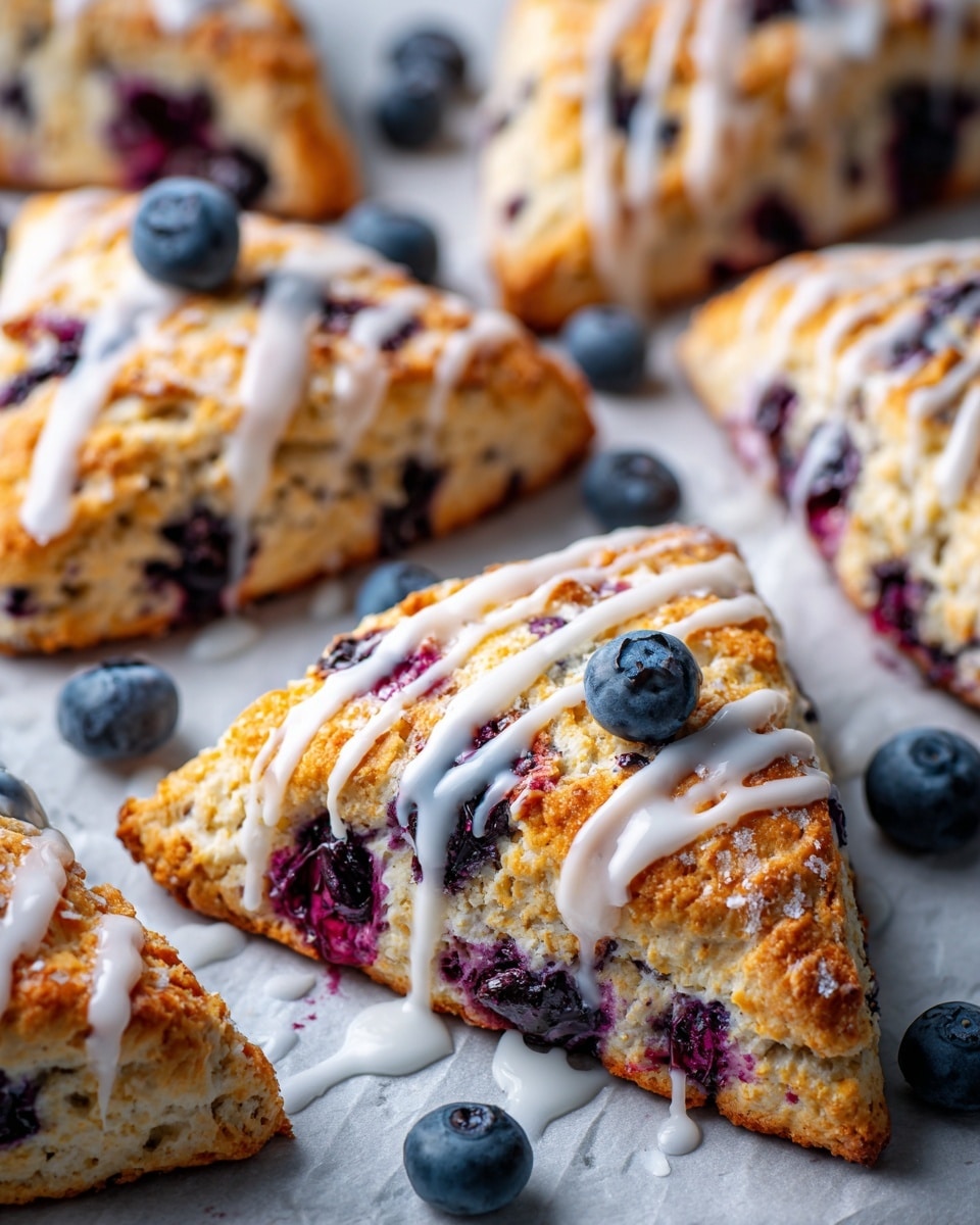 The image shows several freshly baked blueberry scones placed on a white marbled surface lined with parchment paper. Each scone has a roundish triangular shape with a golden-baked crust with visible blueberries inside that burst with deep purple and blue colors. A white glaze is drizzled unevenly over each scone, creating thin, shiny lines that contrast with the rough texture of the scones. Scattered whole blueberries add pops of dark blue around the scones. The overall look is rustic and inviting, focusing on the soft crumbly texture of the scones and the sweet glaze. photo taken with an iphone --ar 4:5 --v 7