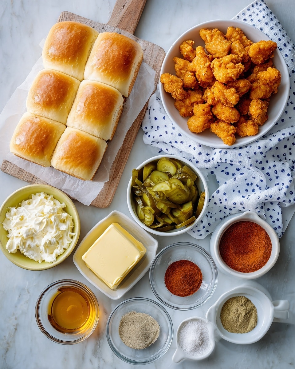 A flat lay image showing a set of cooking ingredients on a white marbled surface. On the left side, there is a wooden board holding nine soft, golden-brown Hawaiian bread rolls arranged in three rows of three. To the right of the board, there is a white bowl filled with many golden, crispy chicken bites placed on a white and black dotted cloth. Above the bowl, a small clear glass bowl contains a cube of pale yellow butter. Below, a yellow bowl holds several green pickle slices, and two small black spoons rest nearby, one filled with light beige garlic powder and the other with white mayonnaise. Around the center and right parts of the image are small wooden or black bowls and clear glass containers holding spices and sauces, including bright red hot sauce, dark reddish paprika, orange-red cayenne pepper, and a small glass container of honey. The scene is bright and clean, with everything arranged neatly. Photo taken with an iphone --ar 4:5 --v 7