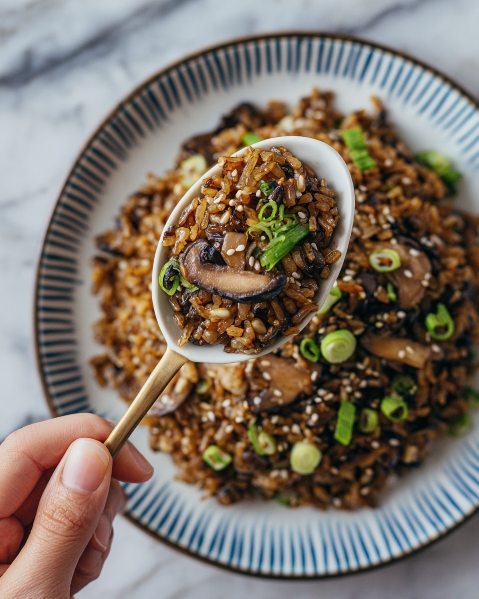 A close-up of dark brown fried rice mixed with small mushroom pieces and green onion slices is held on a white ceramic spoon above a white plate with blue stripes, showing a mound of the same fried rice with white sesame seeds sprinkled on top and around the edges; the rice appears shiny and moist with varying textures from soft grains and slightly cooked mushrooms to crunchy sesame seeds, all set on a white marbled surface, with a woman's hand holding the spoon. photo taken with an iphone --ar 4:5 --v 7