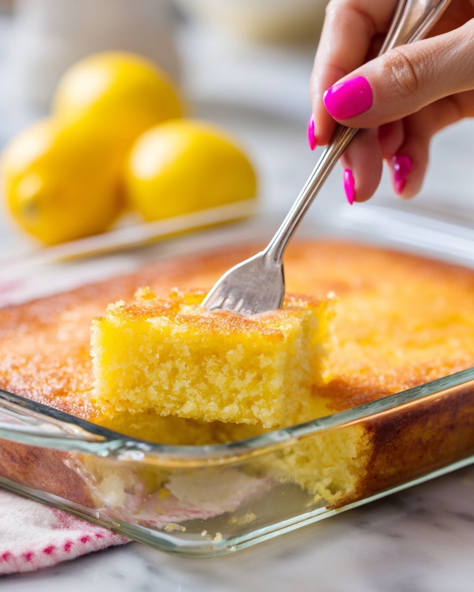 A square glass baking dish holds a golden, dense cake with a lightly textured top crust. A woman's hand with bright pink nail polish presses a silver fork gently into the cake's surface near one corner, causing small crumbs to lift. In the blurred background, there are two whole bright yellow lemons on a white marbled surface. The overall setting is soft and bright, focusing on the cake and the interaction with the fork. photo taken with an iphone --ar 4:5 --v 7