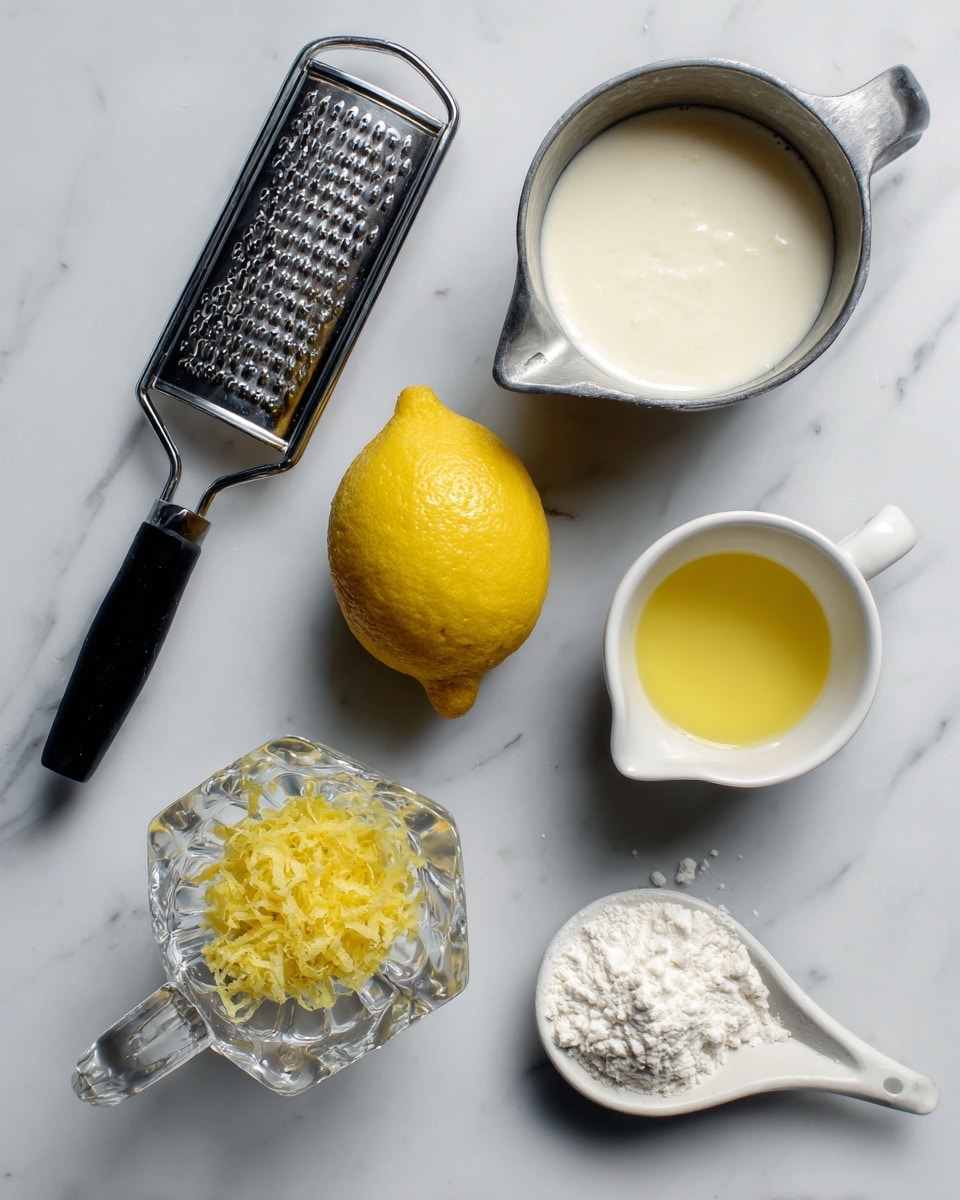 The image shows a top-down view of a white marbled surface with five main items neatly arranged. On the left is a metal grater with a black handle, next to a clear glass lemon squeezer holding a yellow lemon in the center. Below the lemon squeezer is a small pile of yellow lemon zest. Above the squeezer is a metal measuring cup filled with a creamy white liquid. To the right, there is a white measuring cup containing a yellow liquid, and below it, a white measuring spoon filled with white powder. The overall setup looks ready for mixing ingredients. photo taken with an iphone --ar 4:5 --v 7