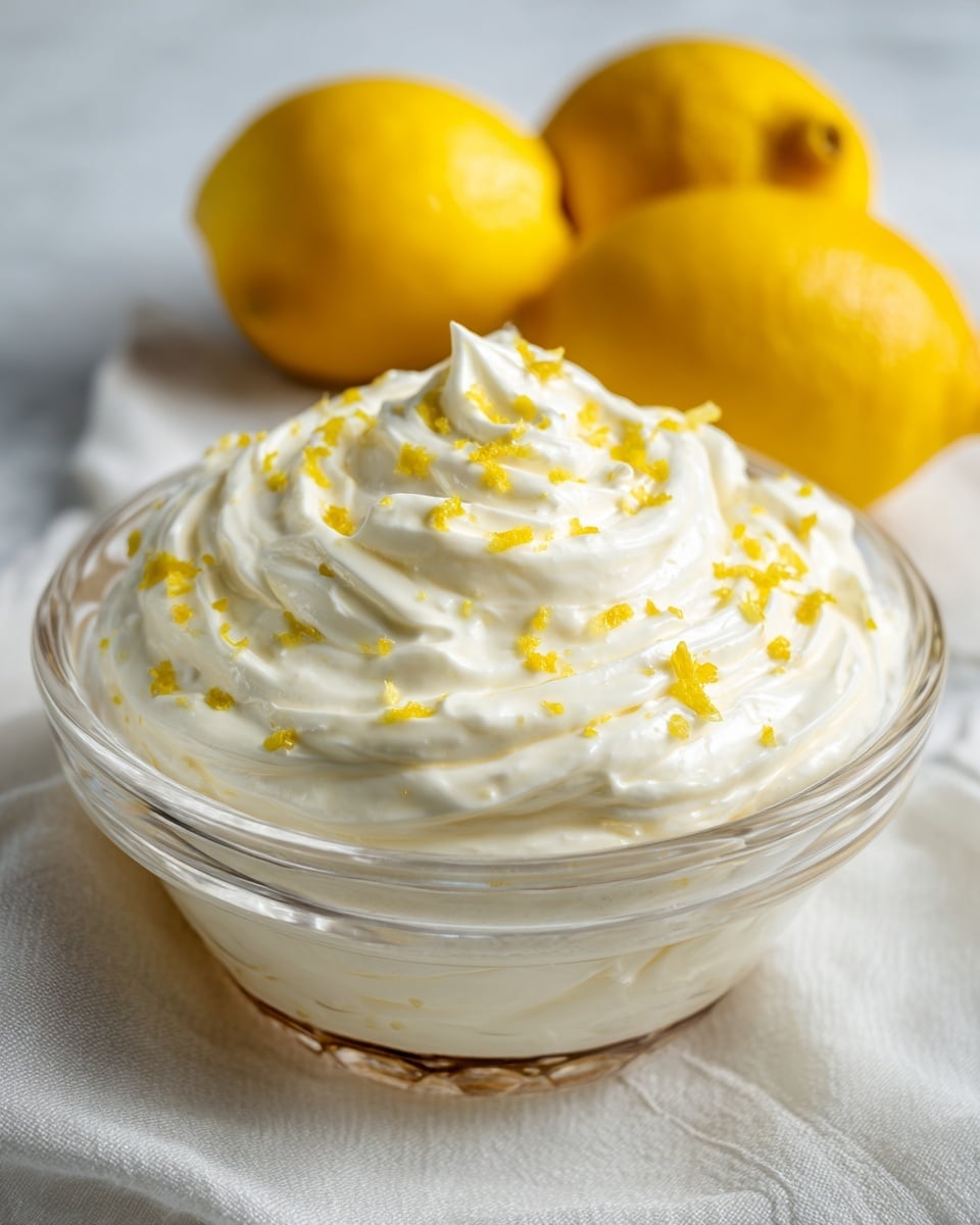 A close-up of a glass bowl filled with two layers of creamy white mixture; the bottom layer looks smooth and pale, while the top layer is thicker and softly swirled, with tiny yellow lemon zest bits scattered on the surface. The bowl sits on a white marbled textured surface, and two bright yellow lemons are positioned behind it, adding contrast. The photo shows part of the glass bowl’s rim and the soft fabric underneath it. Photo taken with an iphone --ar 4:5 --v 7