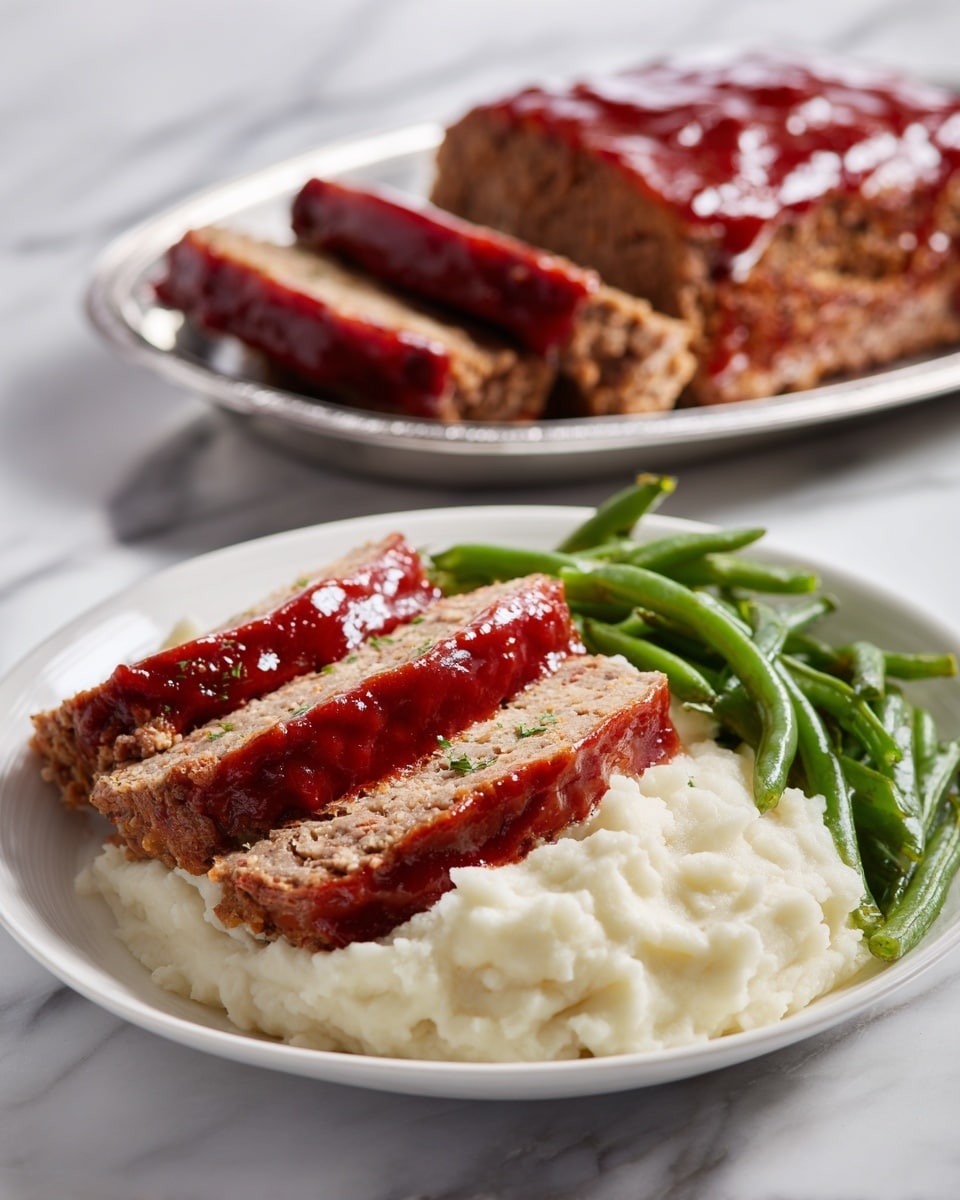 The image shows a white plate with three main parts: in the front, three slices of meatloaf stacked slightly, each with a shiny, thick red sauce layer on top; behind the meatloaf, there is a smooth mound of white mashed potatoes; next to the mashed potatoes, a small pile of cooked green beans, bright green and fresh. In the background, a larger, unsliced piece of meatloaf with the same red sauce on top sits on a silver tray. The surface under the plate has a white marbled texture. Photo taken with an iphone --ar 4:5 --v 7