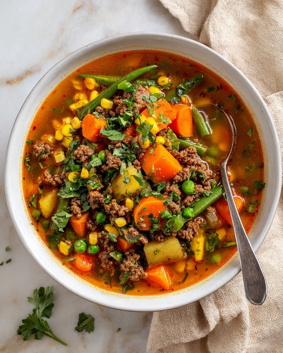A white bowl filled with a colorful stew showing three main layers: a thin layer of orange-brown broth at the bottom, a middle layer of chunky ground meat in brown color, and a top layer with bright vegetable pieces including orange carrots, yellow corn, green peas, and green beans, all mixed with fresh green herb leaves scattered on top. A spoon rests inside the bowl's right edge, and a beige cloth is partly visible in the background, with a white marbled surface underneath the bowl. photo taken with an iphone --ar 4:5 --v 7
