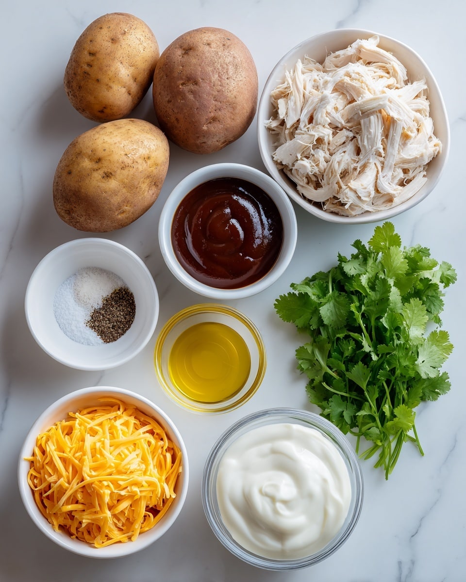 The image shows several ingredients arranged neatly on a white marbled surface. At the top left, there are four whole potatoes with a rough brown skin. To the right, a small white bowl is filled with dark brown BBQ sauce, smooth and shiny. Below the potatoes, there is a small container with a mix of white salt and coarse black pepper. In the center, a white bowl holds shredded white chicken meat with a soft texture. To the right of the chicken, fresh green cilantro leaves rest directly on the surface. Below the cilantro, a small white bowl contains clear, light yellow olive oil. Next to the olive oil, a glass bowl holds thick, white sour cream. At the bottom left, a white bowl is filled with shredded bright orange cheddar cheese. All ingredients are spaced clearly apart, making each one distinct and easy to see. Photo taken with an iphone --ar 4:5 --v 7