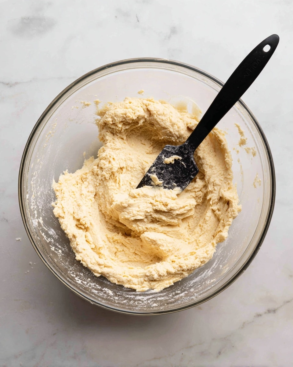 A clear glass bowl on a white marbled surface holds a single thick layer of light tan dough with a slightly grainy and soft texture. A black spatula with some flour on its edge rests inside the bowl, slightly pressing into the dough, showing smooth and spread marks. The lighting highlights the dough’s creamy and dense look while the bowl’s edge is slightly out of focus. photo taken with an iphone --ar 4:5 --v 7