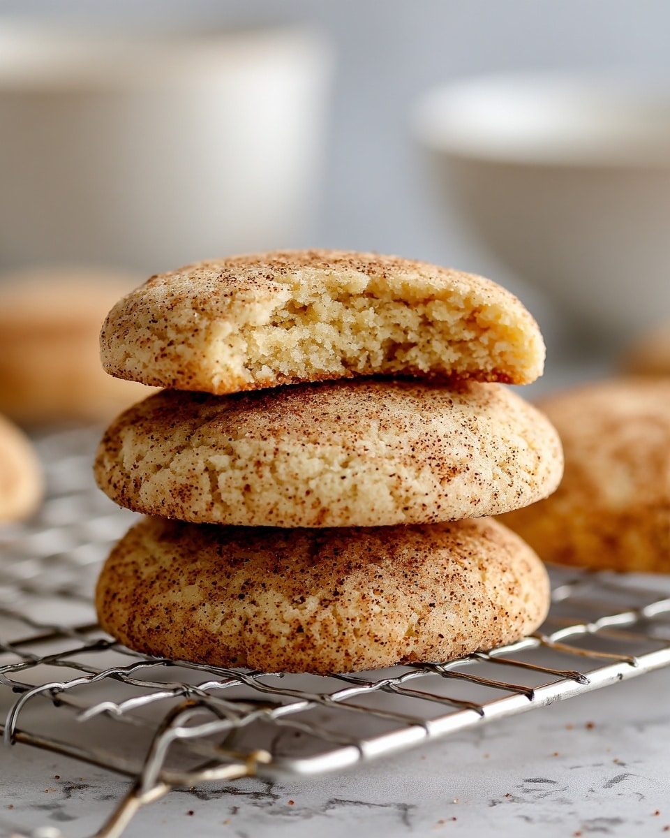 The image shows a close-up of a stack of three light brown cookies with a speckled texture from cinnamon or similar spices on top, placed on a metal wire rack. The top cookie has a bite taken out, revealing a soft and crumbly inside with a slightly lighter color than the outside. The surface underneath the wire rack is a white marbled texture, and there is a soft focus on another cookie and a white bowl in the background. Photo taken with an iphone --ar 4:5 --v 7