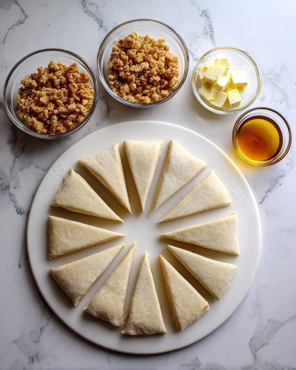 The image shows a white round flat surface with a soft dough laid out and cut into 12 triangle pieces. Above it on the white marbled background, there are two clear glass bowls; one bowl is filled with small golden-brown crunchy snack pieces, while the other bowl contains a mix of light yellow butter, golden honey, and brown sugar. photo taken with an iphone --ar 4:5 --v 7