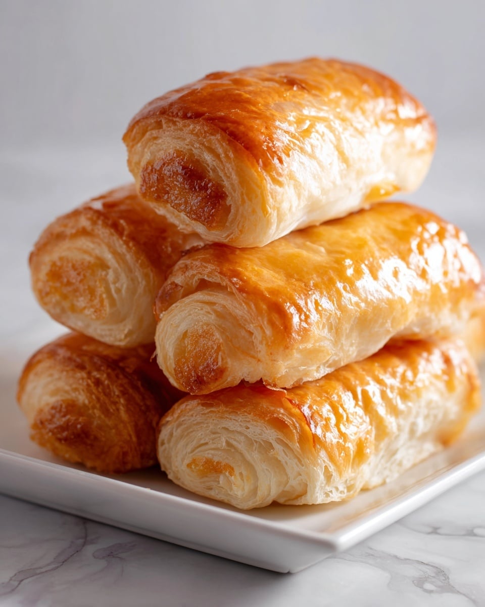 The image shows four golden-brown pastry rolls stacked on a white rectangular plate placed on a white marbled surface. Each roll has a soft, shiny outer layer with a slightly glossy texture, visible crumbly brown filling peeking out from the rolled edges. The shapes are unevenly rounded, and the pastries look soft and fluffy with a light sheen on top. photo taken with an iphone --ar 4:5 --v 7