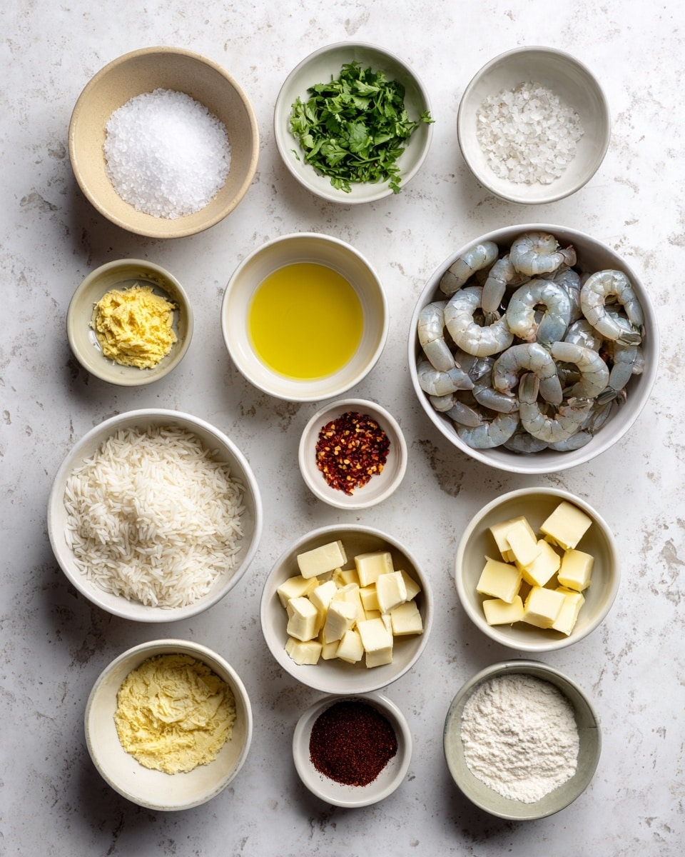 The image shows 12 white bowls and two light beige bowls arranged on a white marbled surface, each with different ingredients. Starting from the top left is a light beige bowl with white salt crystals, next to it is a white bowl with chopped green coriander leaves. To the right, a large white bowl is filled with raw shrimp that are grayish with some pink tinges. Below the salt is a white bowl with yellow olive oil. Next to it is a smaller white bowl with red chili flakes, followed by a medium white bowl of cooked white rice. On the left side below the olive oil is a white bowl with yellow mustard, beneath that is a white bowl with minced garlic. In the center bottom, a white bowl holds light yellow butter cubes. On the right side below the chili flakes is a white bowl with lemon juice, next to it a white bowl with reddish-brown cayenne powder, and at the bottom right a light beige bowl contains white flour. Each bowl is neatly arranged and the colors of the ingredients create a pleasing contrast against the marbled background. photo taken with an iphone --ar 4:5 --v 7
